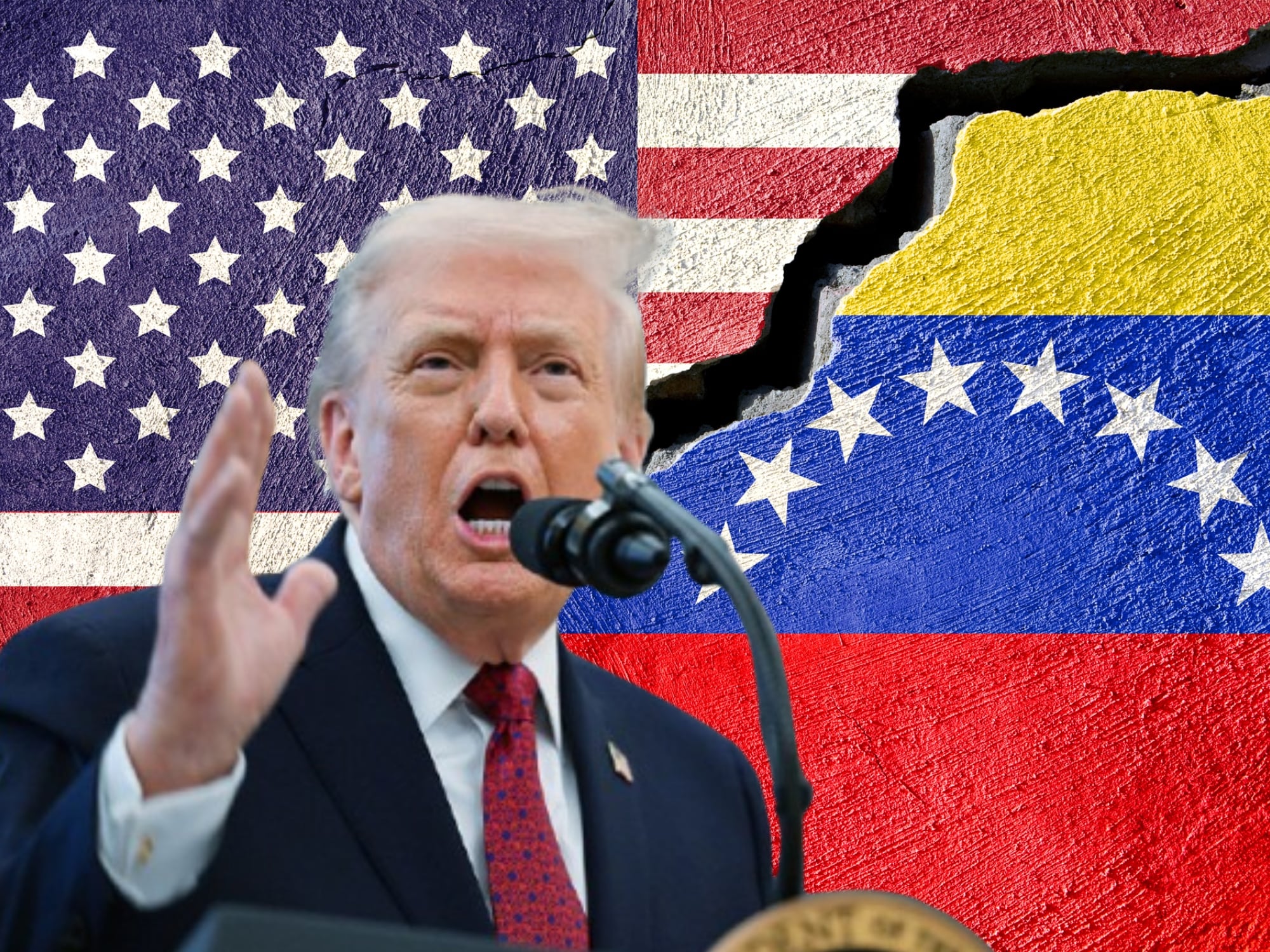 Donald Trump, banderas de Estados Unidos y Venezuela. Fotos: (Photo by Matt McClain/The Washington Post via Getty Images) / Getty Images