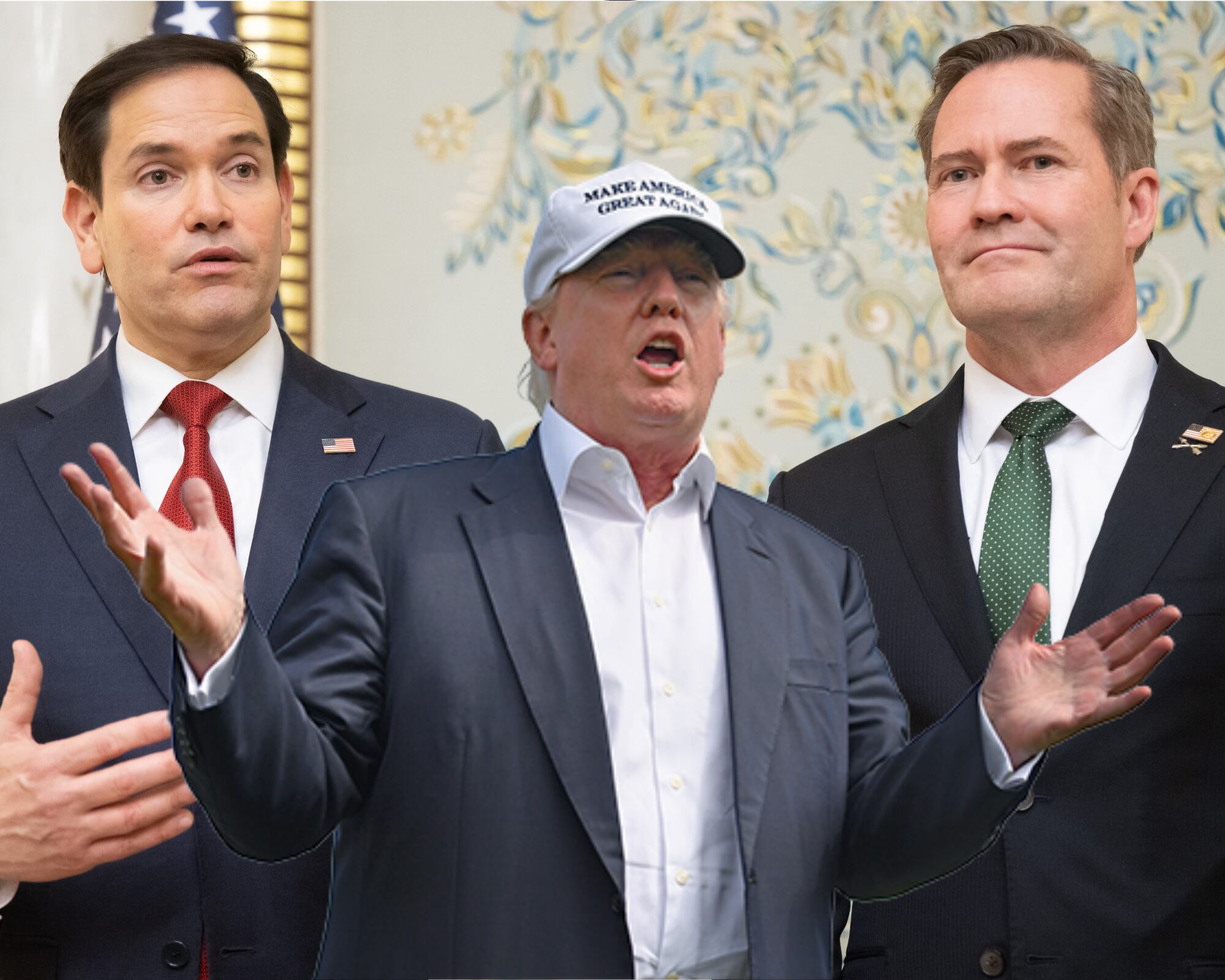 El nuevo Embajador de Estados Unidos ante Naciones Unidas, Mike Waltz (d) y el nuevo asesor interino de Seguridad Nacional, Marco Rubio (i), fueron designados por el presidente Donald Trump (c). 
(foto: Caracol Radio / Getty)