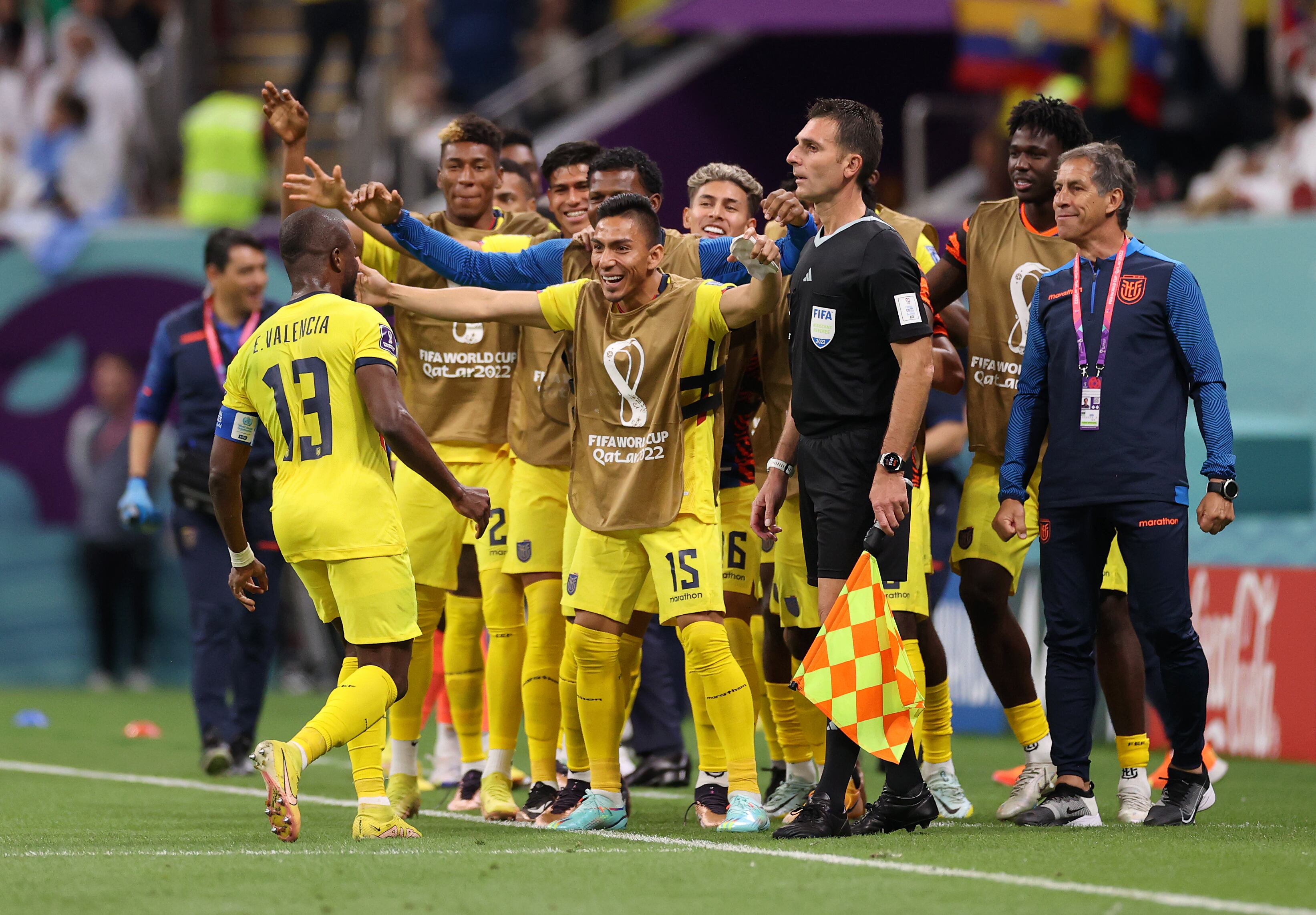 AL KHOR, QATAR - NOVEMBER 20: Enner Valencia of Ecuador celebrates with teammates after scoring their team's second goal during the FIFA World Cup Qatar 2022 Group A match between Qatar and Ecuador at Al Bayt Stadium on November 20, 2022 in Al Khor, Qatar. (Photo by Michael Steele/Getty Images)
