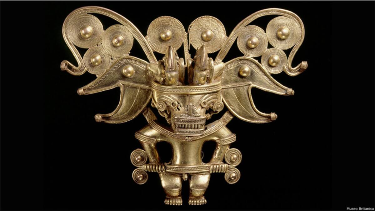 Los indígenas Calima utilizaban el oro especialmente para sus ritos funerarios, como una forma de conexión con el mas allá. Esta máscara fue hallada en el cementerio de Malagana, ubicado en el suroccidente de Colombia, donde habitó esta cultura.