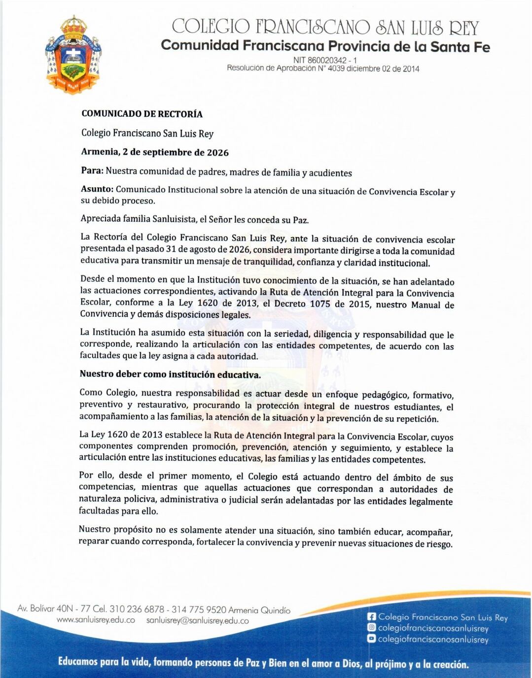 Parte del comunicado del rector del Colegio San Luis Rey de Armenia. Foto: Cortesía padres de familia