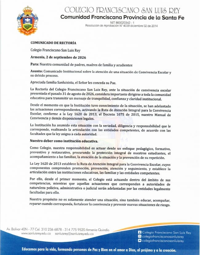 Parte del comunicado del rector del Colegio San Luis Rey de Armenia. Foto: Cortesía padres de familia
