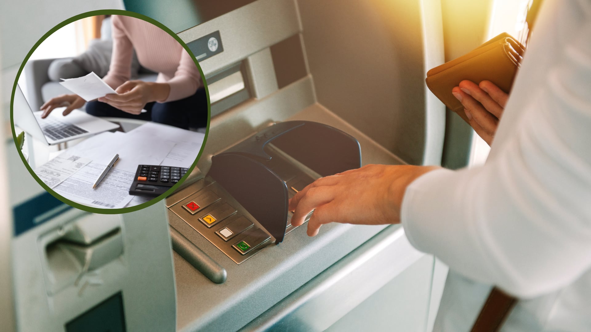 Mujer haciendo cuentas en la calculadora y de fondo una persona retirando dinero de un cajero electrónico. (Fotos vía Getty Images).png