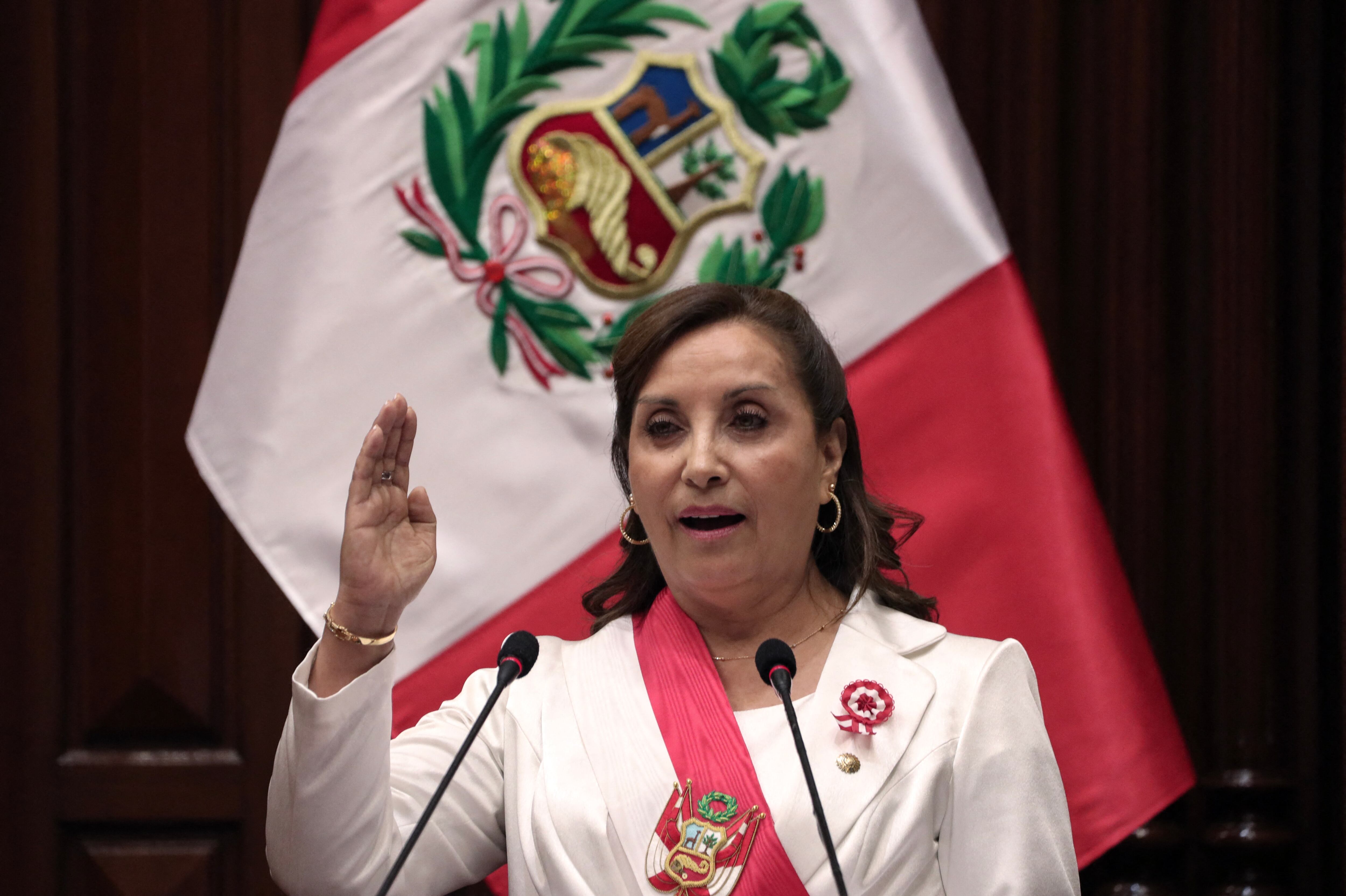 Peruvian President Dina Boluarte delivers her annual Message to the Nation on Independence Day, at the Congress in Lima on July 28, 2023. (Photo by ALDAIR MEJIA / POOL / AFP) (Photo by ALDAIR MEJIA/POOL/AFP via Getty Images)