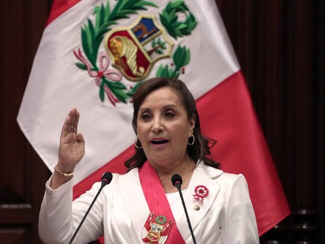 Peruvian President Dina Boluarte delivers her annual Message to the Nation on Independence Day, at the Congress in Lima on July 28, 2023. (Photo by ALDAIR MEJIA / POOL / AFP) (Photo by ALDAIR MEJIA/POOL/AFP via Getty Images)