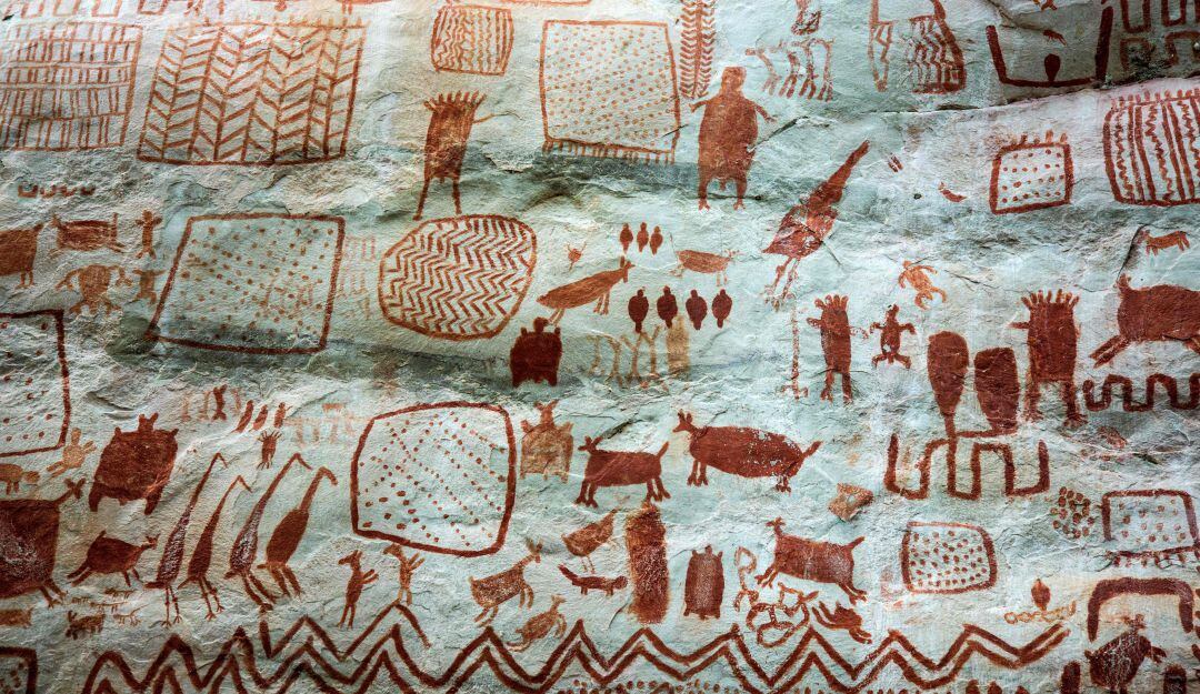 Pinturas rupestres en el Parque Nacional Natural Serranía del Chiribiquete y la Lindosa.