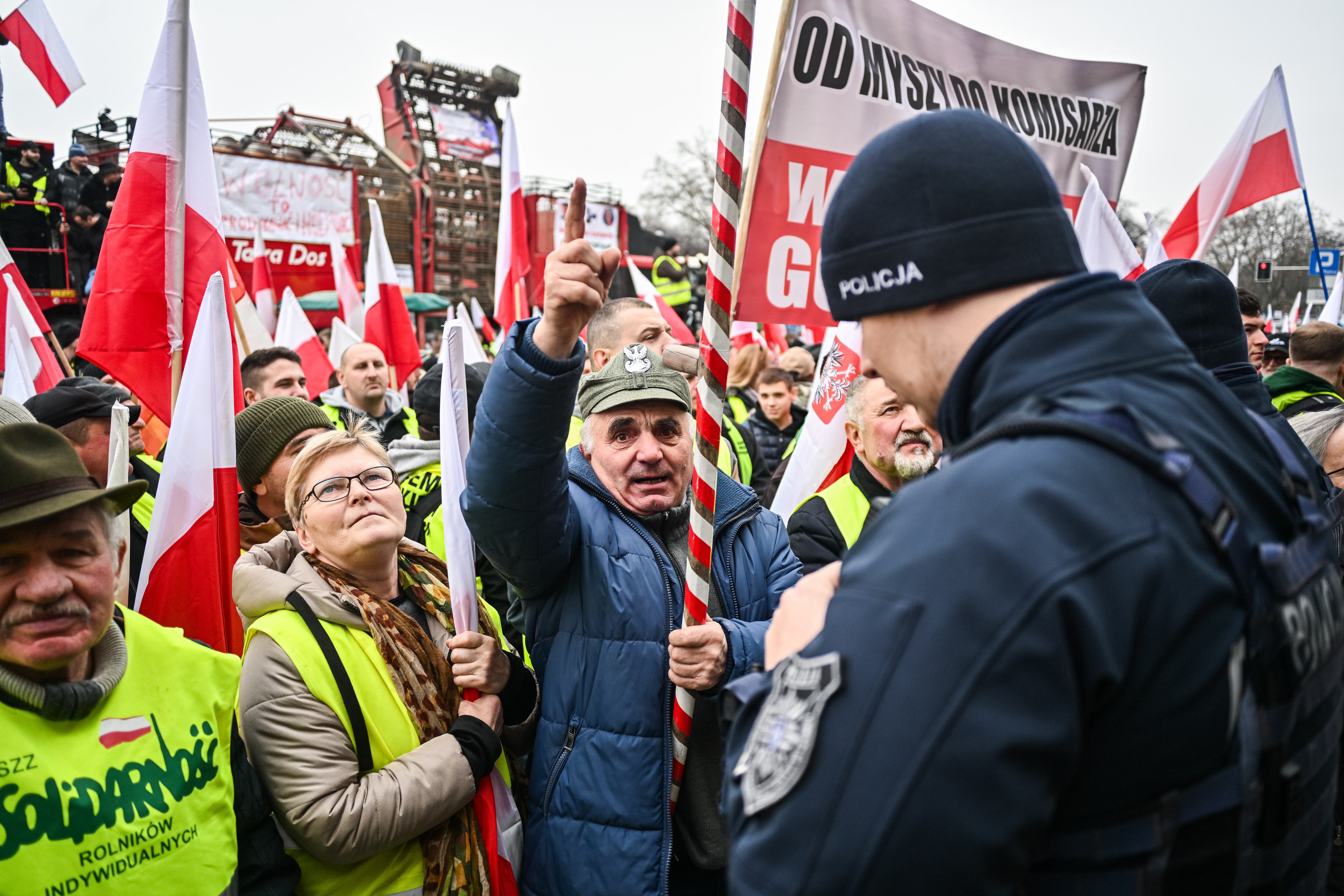 WROCLAW, POLAND - FEBRUARY 15:  Polish farmers take part in a protest against the EU Green Deal and the import of Ukrainian grain in Wroclaw, Poland on February 15, 2024. Since February 09, 2024, Polish farmers have called a national protest against the proposed EU Green Deal and also against the import of certain Ukrainian products under the Free trade agreement due to the ongoing Russian war on Ukraine. Today, Polish farmers, blocked Wroclaw since early morning and stage a protest in front of the EU Parliament information office and the Polish Marchal office. (Photo by Omar Marques/Anadolu via Getty Images)