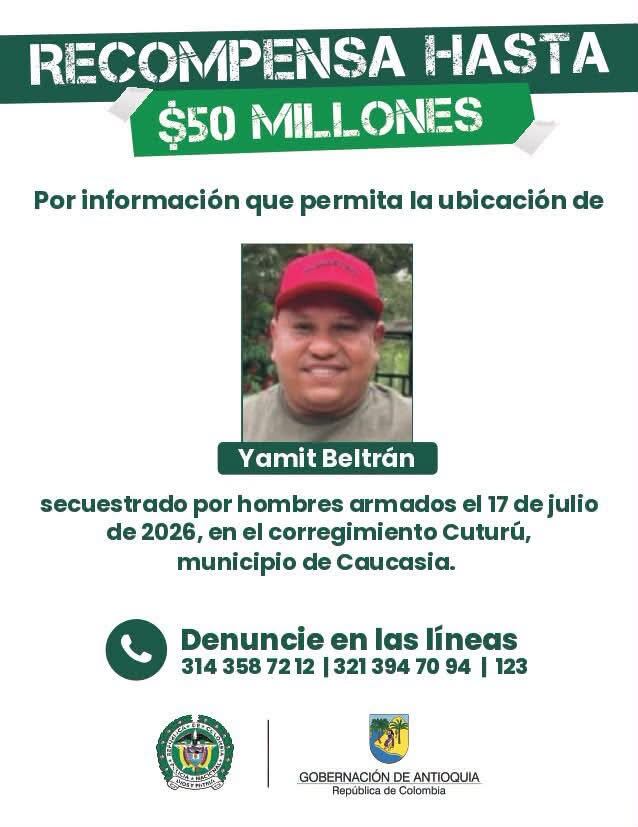 Yamit Beltrán, secuestrado en Caucasia, Antioquia. Foto: Cortesía, Gobernación de Antioquia