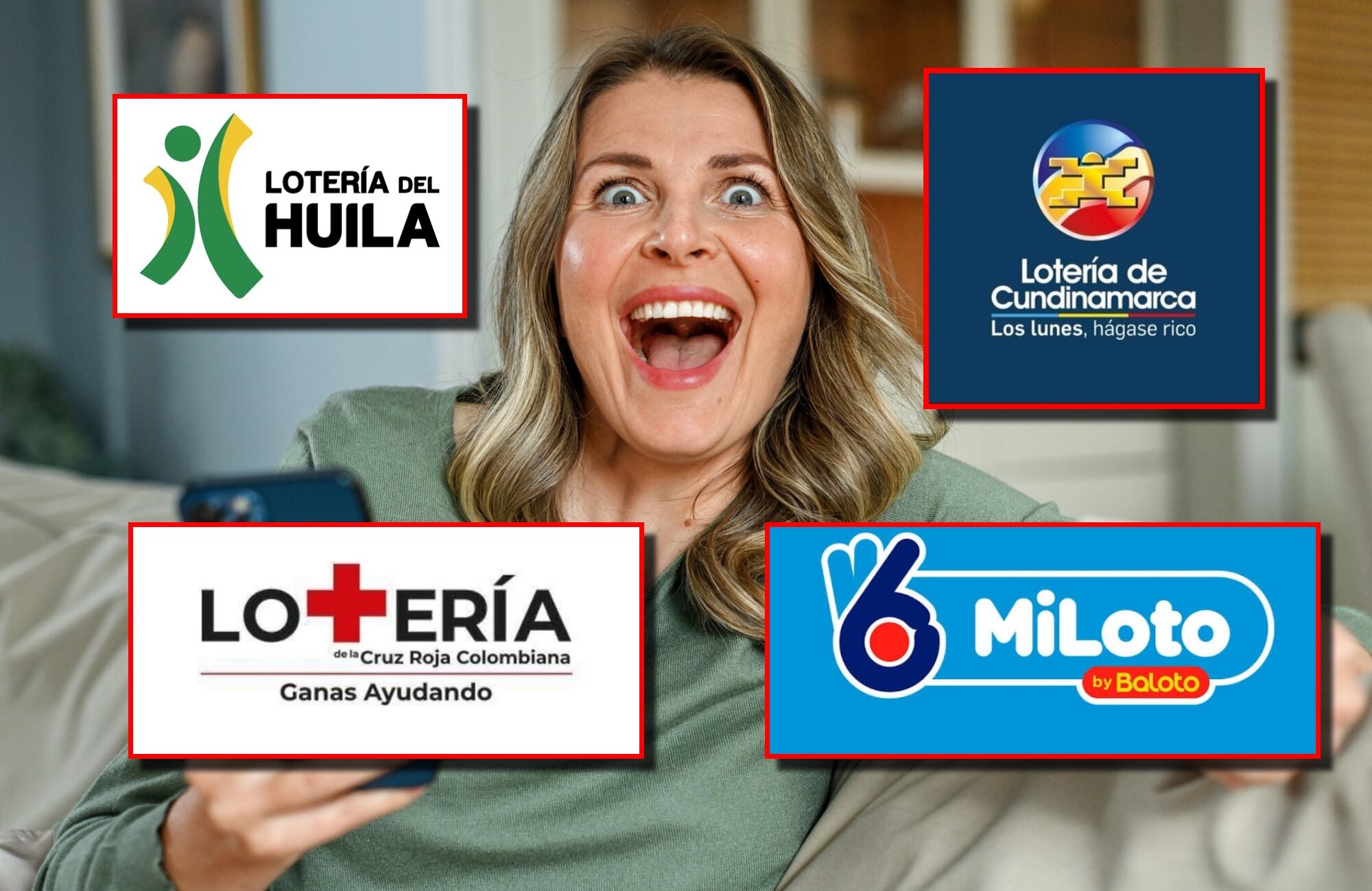Logos Loterías del Huila, la Cruz Roja, Cundinamarca y MiLoto. Fotos: Getty Images / Redes sociales de cada lotería