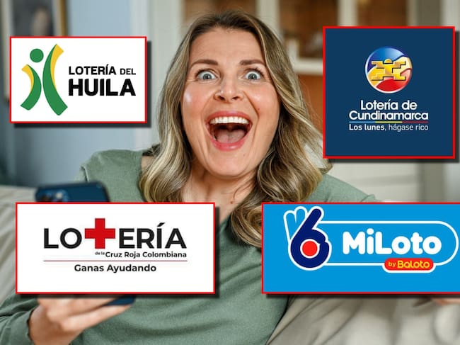Logos Loterías del Huila, la Cruz Roja, Cundinamarca y MiLoto. Fotos: Getty Images / Redes sociales de cada lotería