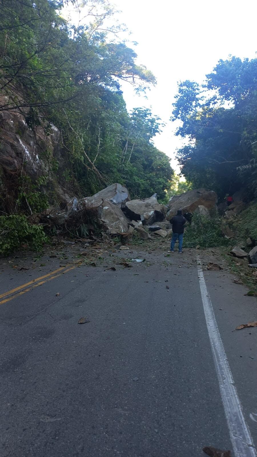 Las rocas bloquearon el paso vehicular y no hay tiempo estimado de apertura de la vía. Foto: Denuncias Antioquia.