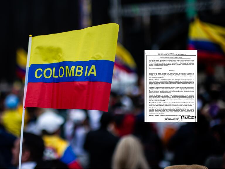 Decreto de día cívico y al fondo una bandera de Colombia en una jornada de manifestación (Fotos vía Getty Images y COLPRENSA)