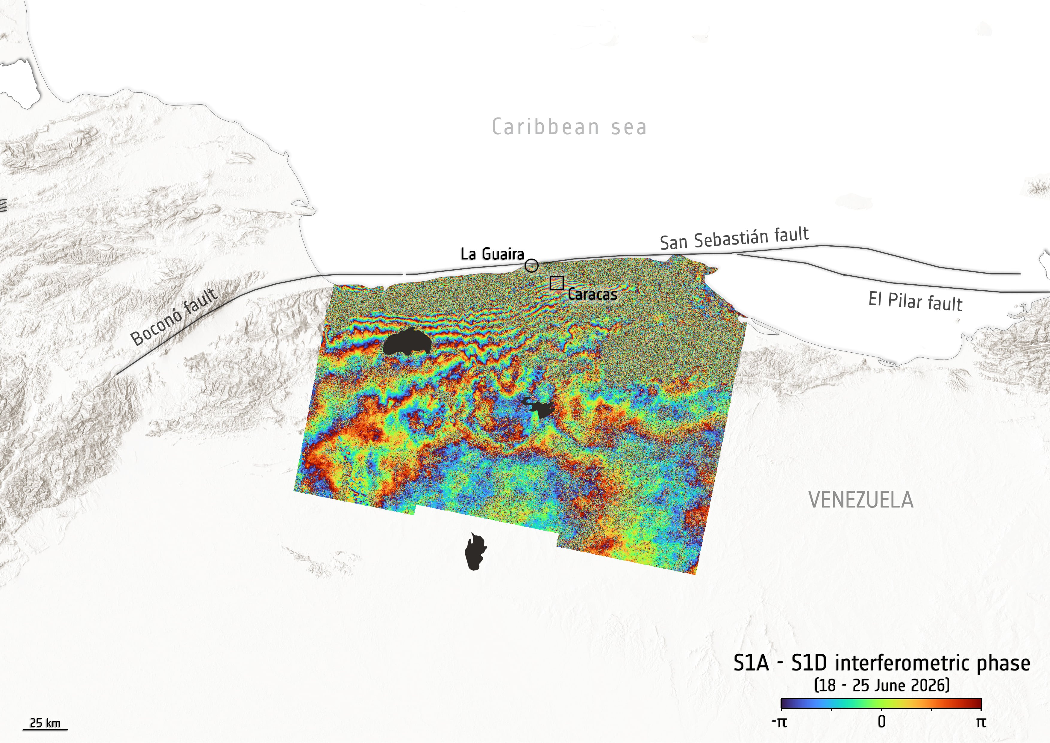Imagen satelital de interferómetro de la ESA que muestra el desplazamiento tras terremotos en Venezuela. Agencia Espacial Europea, ESA