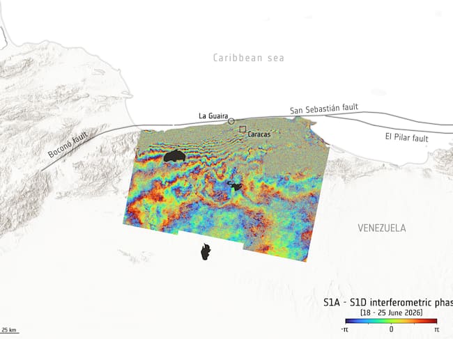 Imagen satelital de interferómetro de la ESA que muestra el desplazamiento tras terremotos en Venezuela. Agencia Espacial Europea, ESA