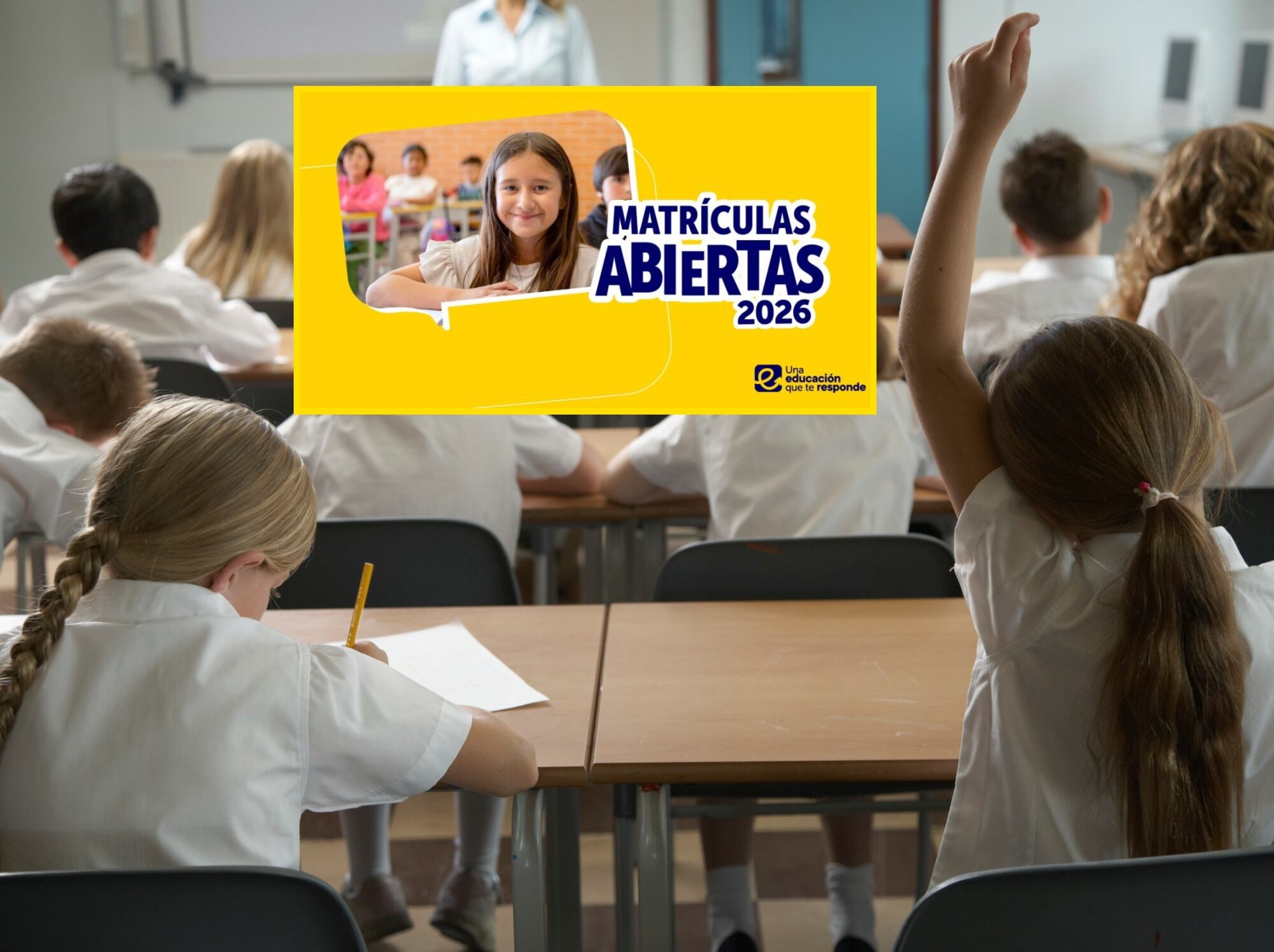 Imagen de referencia de estudiantes y anuncio de matrículas colegios públicos de Bogotá. Fotos: Getty Images / Secretaría de Educación