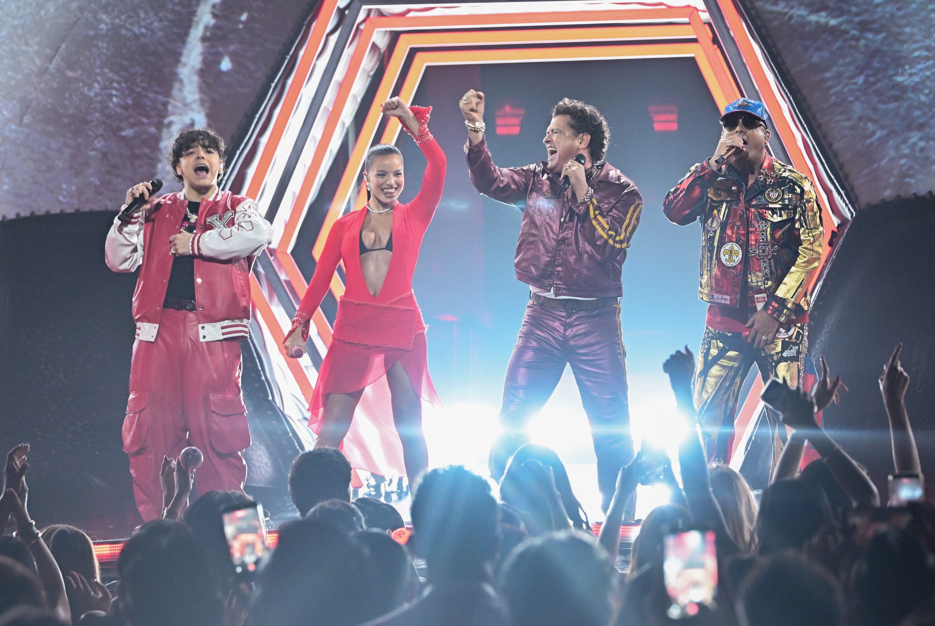 Xavi, Emilia, Carlos Vives and Wisin at the 2025 Billboard Latin Music Awards held at The Fillmore Miami Beach on October 23, 2025 in Miami Beach, Florida. (Photo by Gustavo Caballero/Billboard via Getty Images)