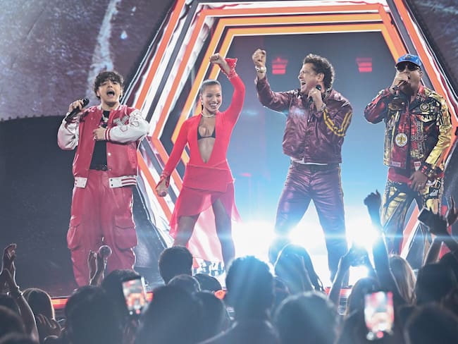 Xavi, Emilia, Carlos Vives and Wisin at the 2025 Billboard Latin Music Awards held at The Fillmore Miami Beach on October 23, 2025 in Miami Beach, Florida. (Photo by Gustavo Caballero/Billboard via Getty Images)