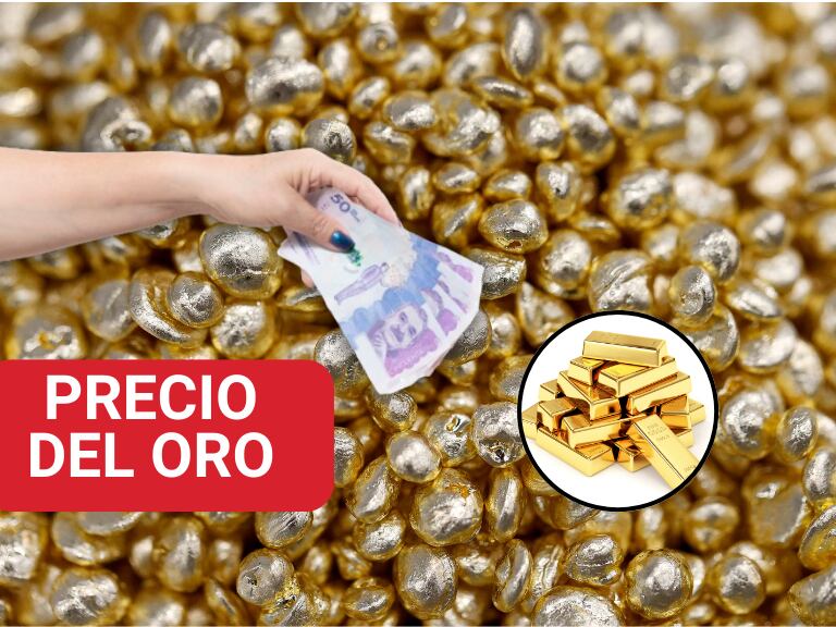 Oro en diferentes presentaciones y al lado una persona con varios billetes colombianos de 50 mil pesos (Foto vía Getty Images)