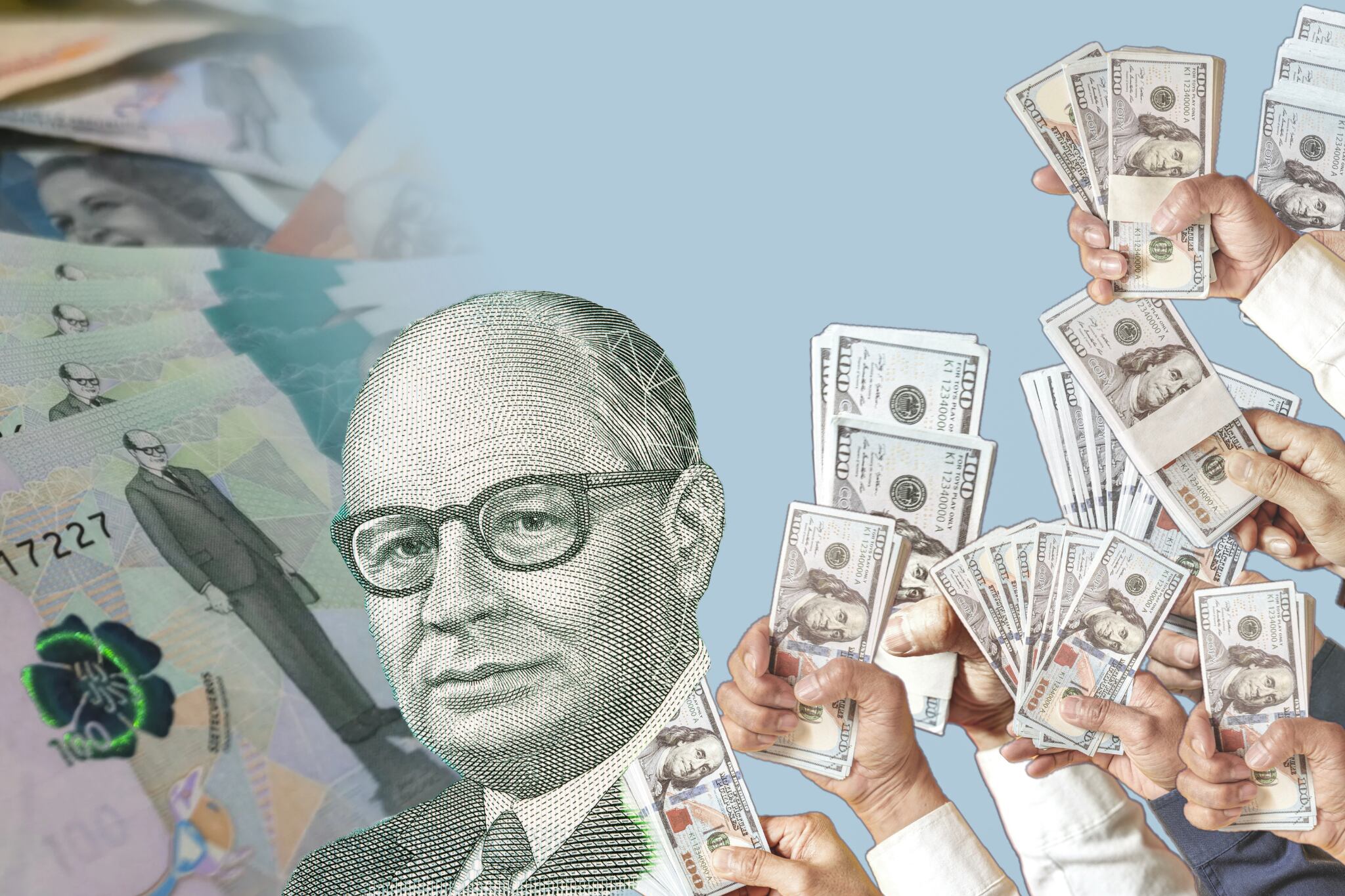 Imagen de las manos y el dólar tomada de Getty Imagenes (Autora: sakchai vongsasiripat) // Imagen de la divisa colombiana tomada de Getty imagenes (Autor: Jose Arbelaez - Fotografía)  // Imagen de Carlos Lleras Restrepo tomada de Getty Imagenes (Autor: 	johan10)
