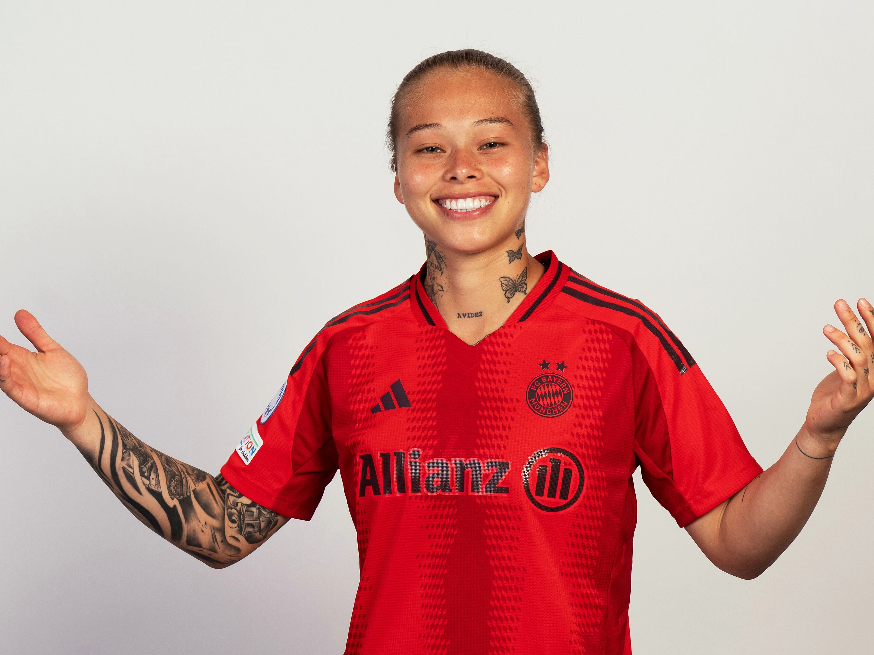 MUNICH, GERMANY - SEPTEMBER 19: Ana María Guzmán of FC Bayern München poses for a portrait during the FC Bayern München Portraits Session nat FCB Campus on September 19, 2024 in Munich, Germany. (Photo by Christian Hofer - UEFA/UEFA via Getty Images)