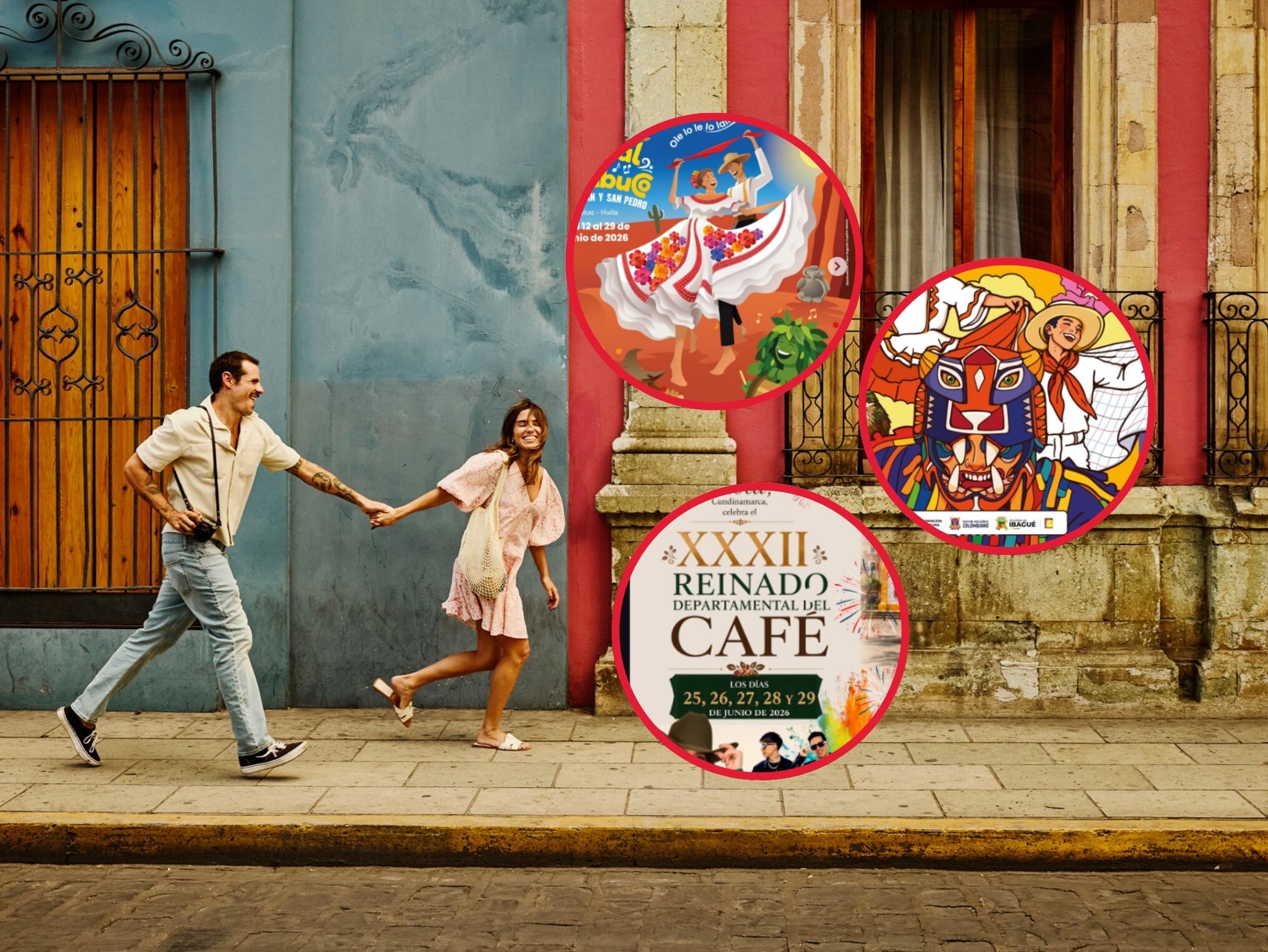 De fondo: Turistas alegres recorriendo una ciudad (Crédito: Getty Images). A la derecha se encuentran las imágenes de los Festivales de Neiva, Ibagué y Viotá respectivamente.
