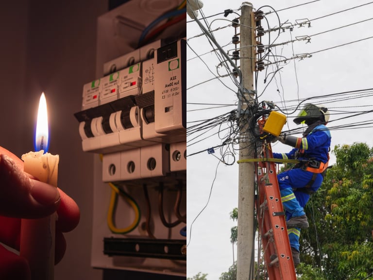 Persona haciendo mantenimiento en redes eléctricas y al lado una persona sin luz  (Fotos vía Air-e y Getty Images)