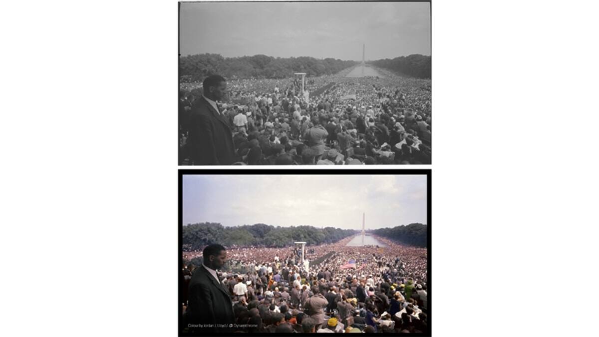 Para dar color a la piel, por ejemplo, se utilizan 14 capas. Para otros elementos de la fotografía se utilizan entre 5 y 10 capas. (Foto en blanco y negro tomada en 1945 por Toni Frissel, cortesía de la Librería del Congreso de EE.UU. / Foto en color: Jordan J. Lloyd / Dynamichrome).