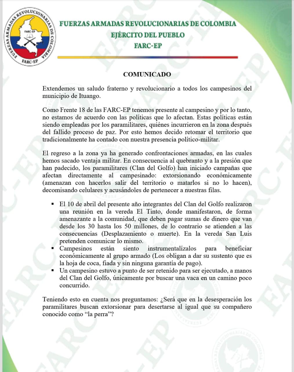 Comunicado frente 18 disidencias