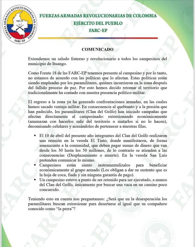 Comunicado frente 18 disidencias