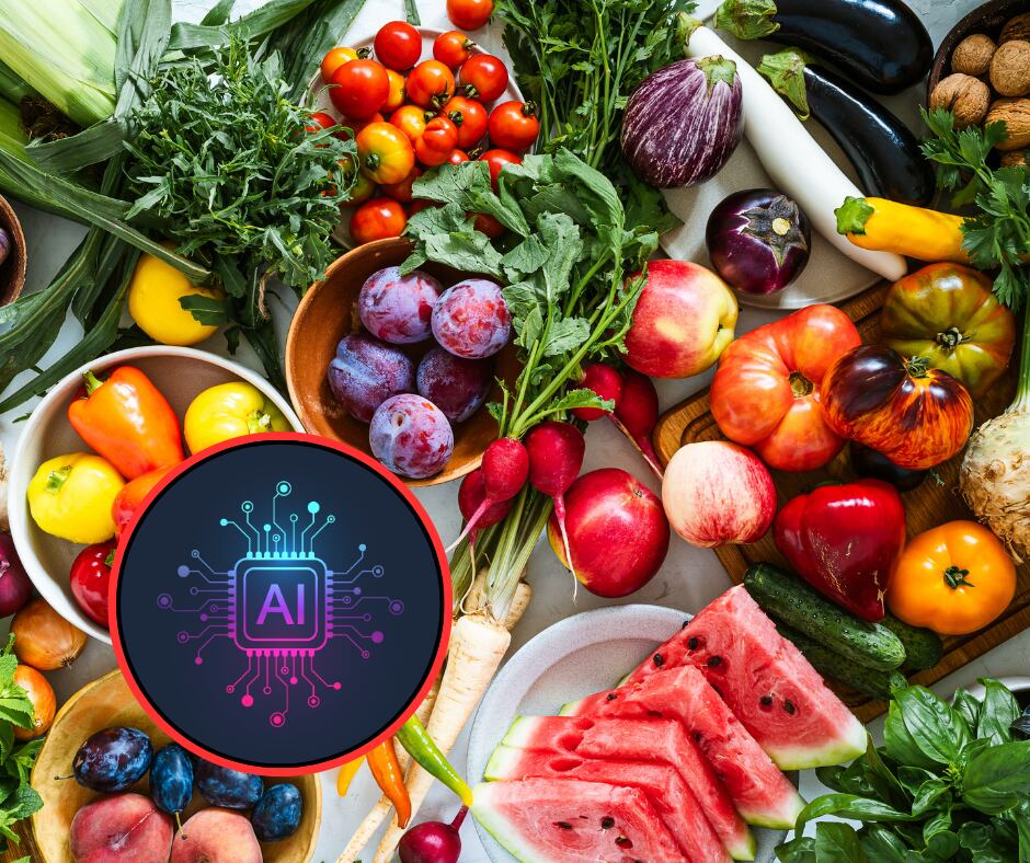 Frutas y logo IA (Getty Images)