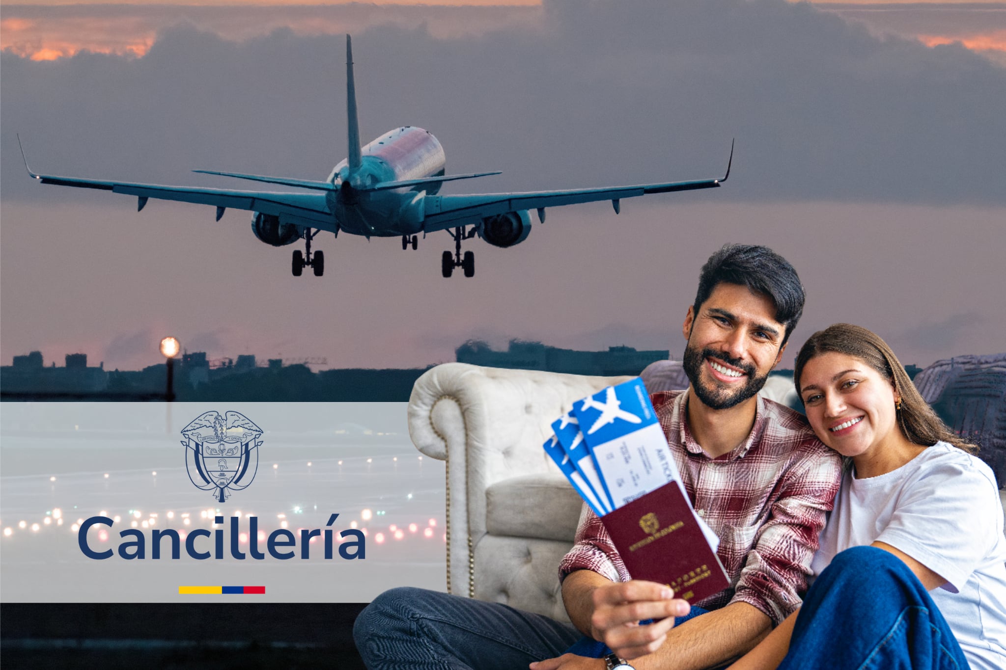 Imagen del avión tomada de Getty Imagenes (Crédito: Daniel Garrido) // Imagen de las personas con el pasaporte tomada de Getty Imagenes (Crédito: RECVISUAL) // Logo de la Cancillería tomada del Ministerio de Relaciones Exteriores