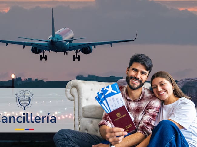 Imagen del avión tomada de Getty Imagenes (Crédito: Daniel Garrido) // Imagen de las personas con el pasaporte tomada de Getty Imagenes (Crédito: RECVISUAL) // Logo de la Cancillería tomada del Ministerio de Relaciones Exteriores