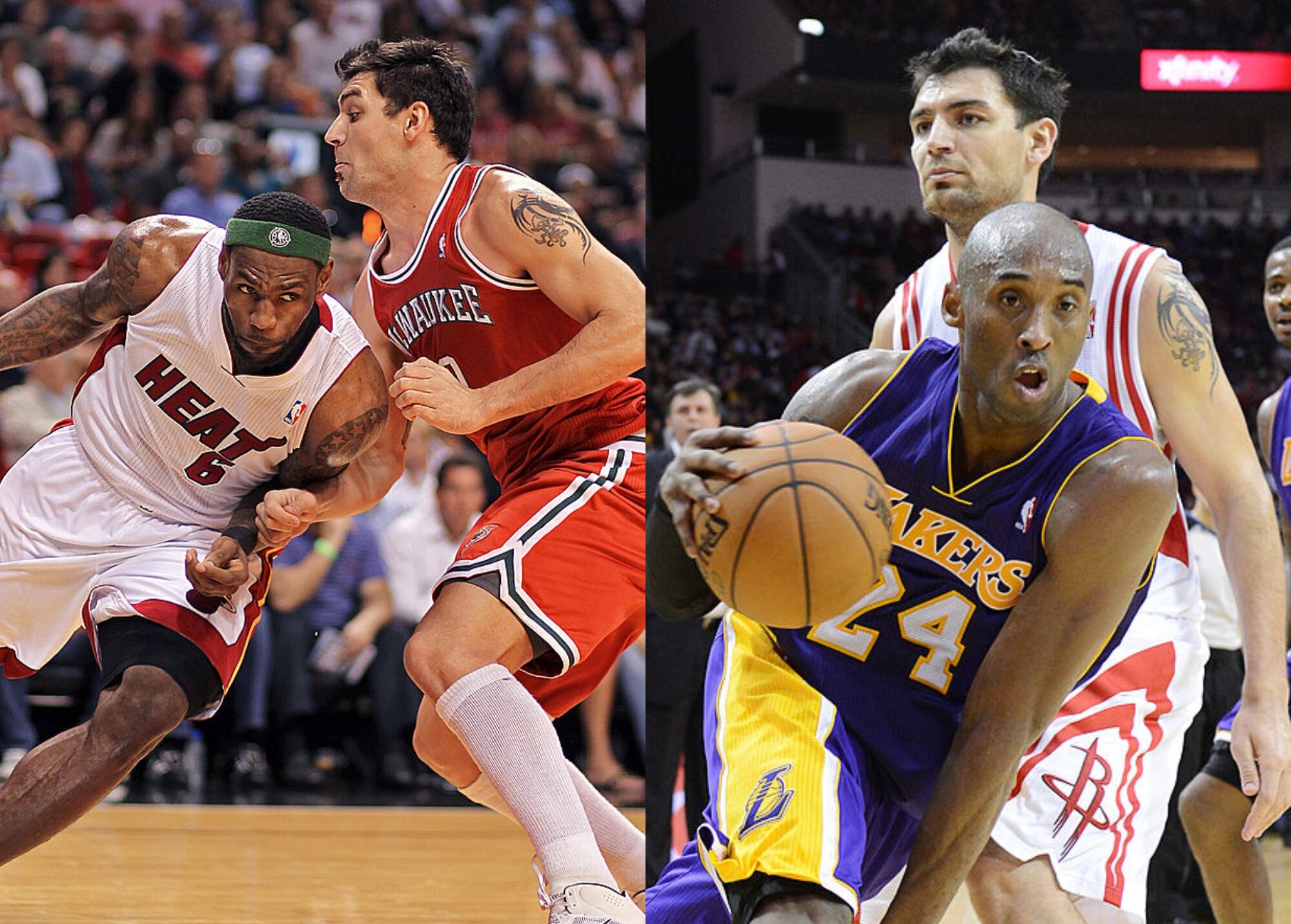 Carlos Delfino contra LeBron James (izquierda). Carlos Delfino contra Kobe Bryant (derecha). Fotos: Getty Images.