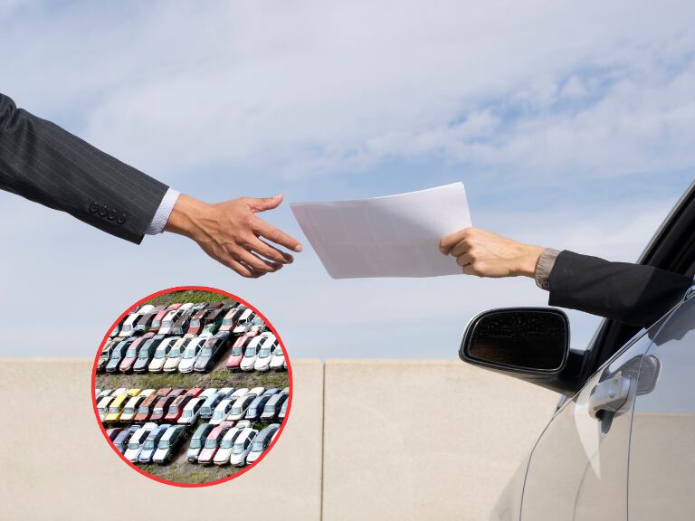 Carros inmovilizados en los patios y al fondo un conductor entregando un documento (Fotos vía Getty Images)