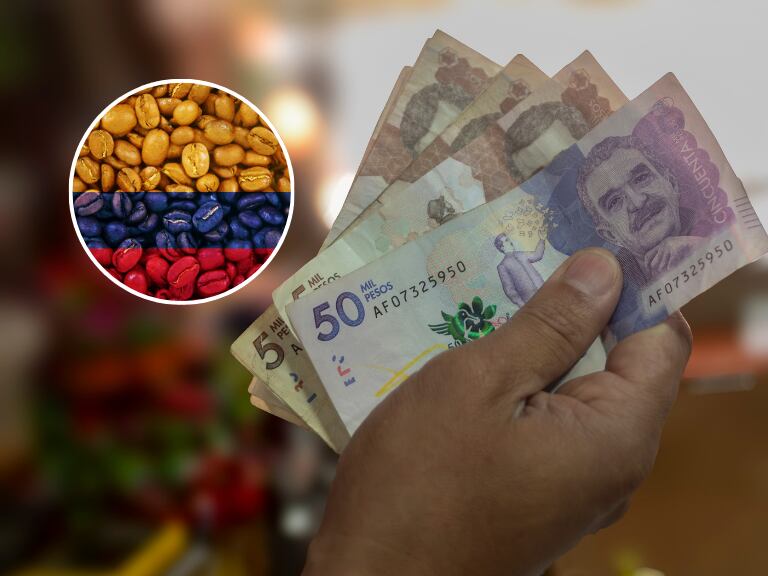 Granos de café formando una bandera de Colombia y al fondo una persona con billetes colombianos (Fotos vía Getty Images)