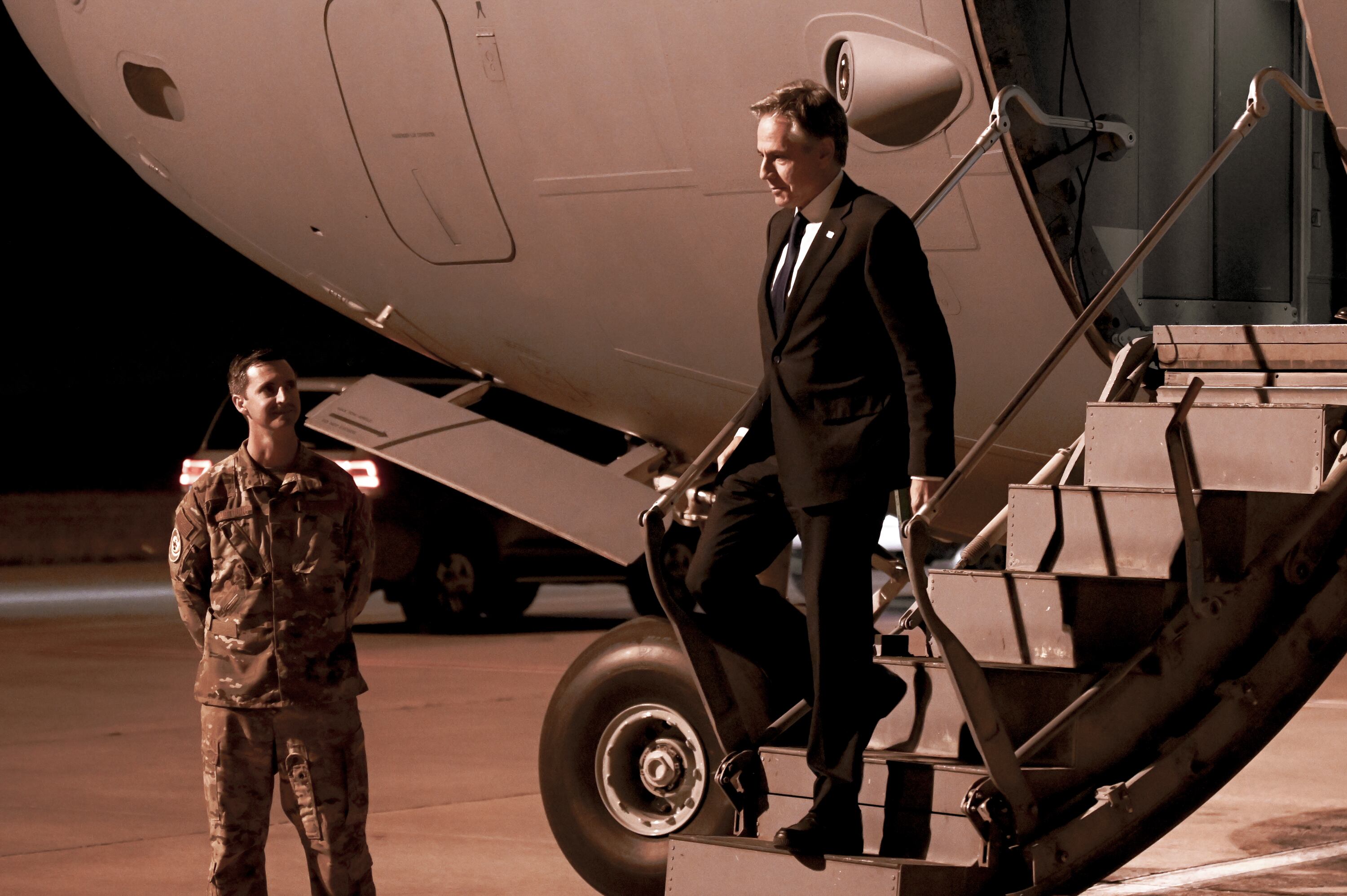 ANKARA, TURKIYE - NOVEMBER 06: United States Secretary of State Antony Blinken (R) is seen upon his arrival at the airport prior to his meeting with Turkish Foreign Minister Hakan Fidan in Ankara, Turkiye on November 06, 2023. (Photo by Ercin Erturk/Anadolu via Getty Images)