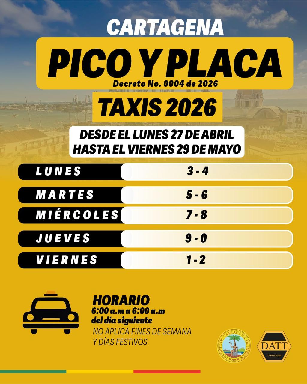 Cambia la rotación de pico y placa para taxis en Cartagena