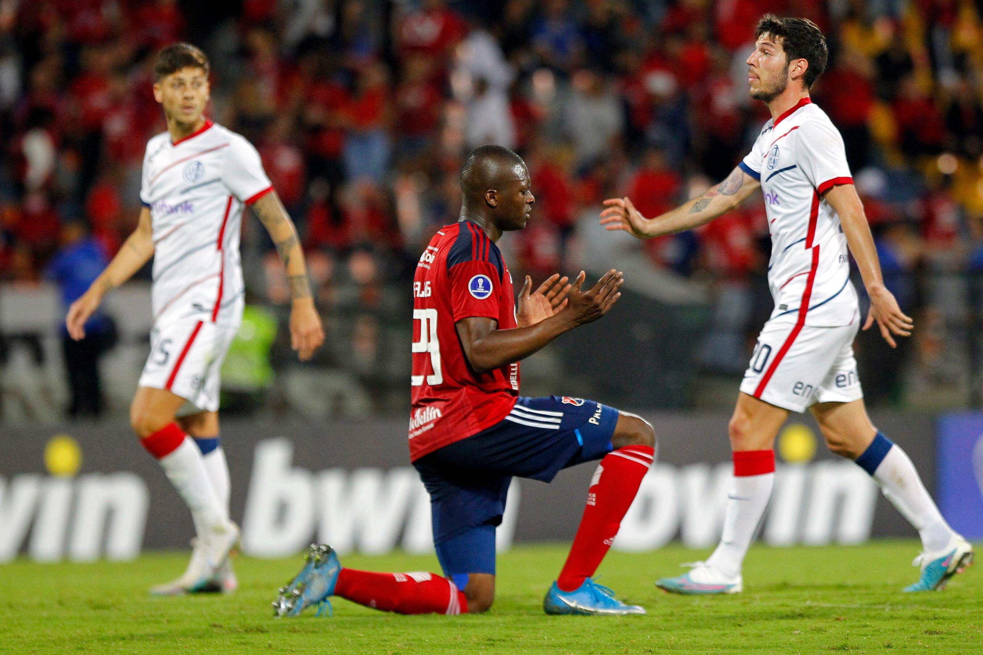 Independiente Medellin's defender Jhon Palacios gestures after the end of the Copa Sudamericana round of 32 knockout play-offs first leg football match between Colombia's Independiente Medellin and Argentina's San Lorenzo at the Atanasio Girardot stadium in Medellin, Colombia, on July 12, 2023. (Photo by Freddy BUILES / AFP) (Photo by FREDDY BUILES/AFP via Getty Images)