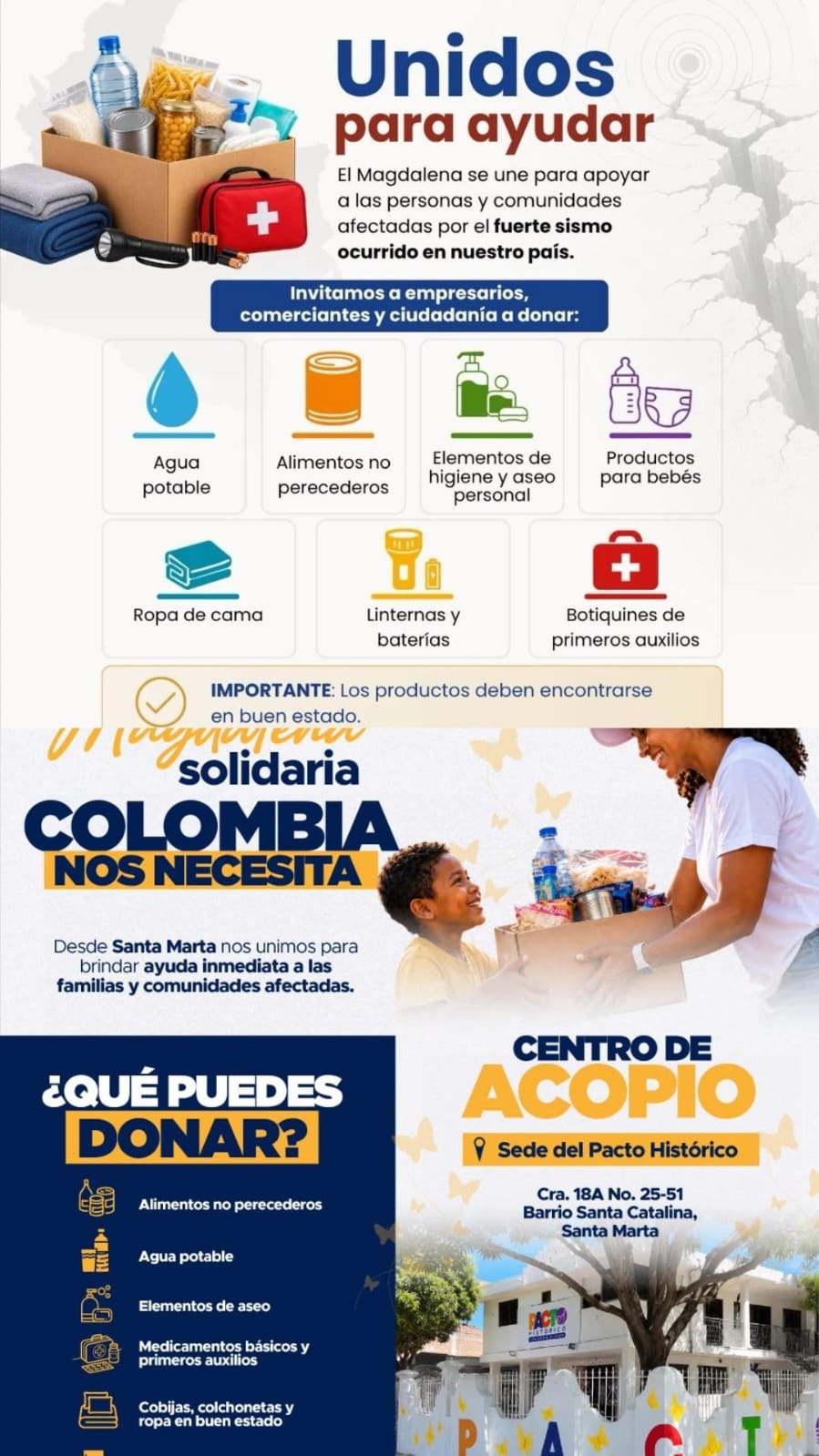 Santa Marta y el Magdalena sigue apoyando a los afectados por el terremoto en Colombia/ Cámara de Comercio- Pacto Histórico.