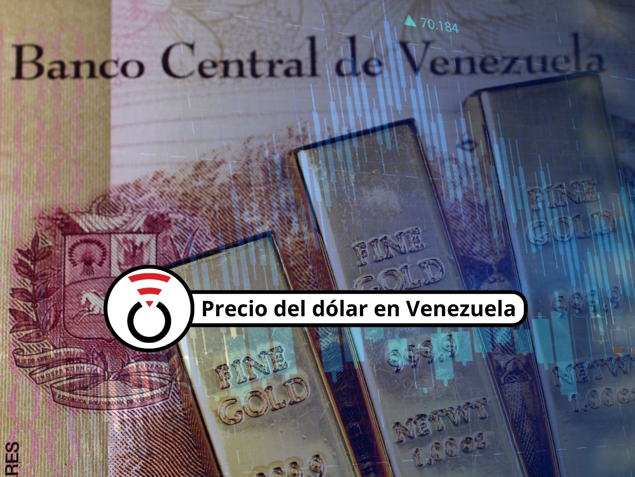 De fondo: Billete de bolívares venezolanos y lingotes de oro. A la derecha hay una imagen translúcida que representa estadísticas económicas (Crédito: Getty Images)