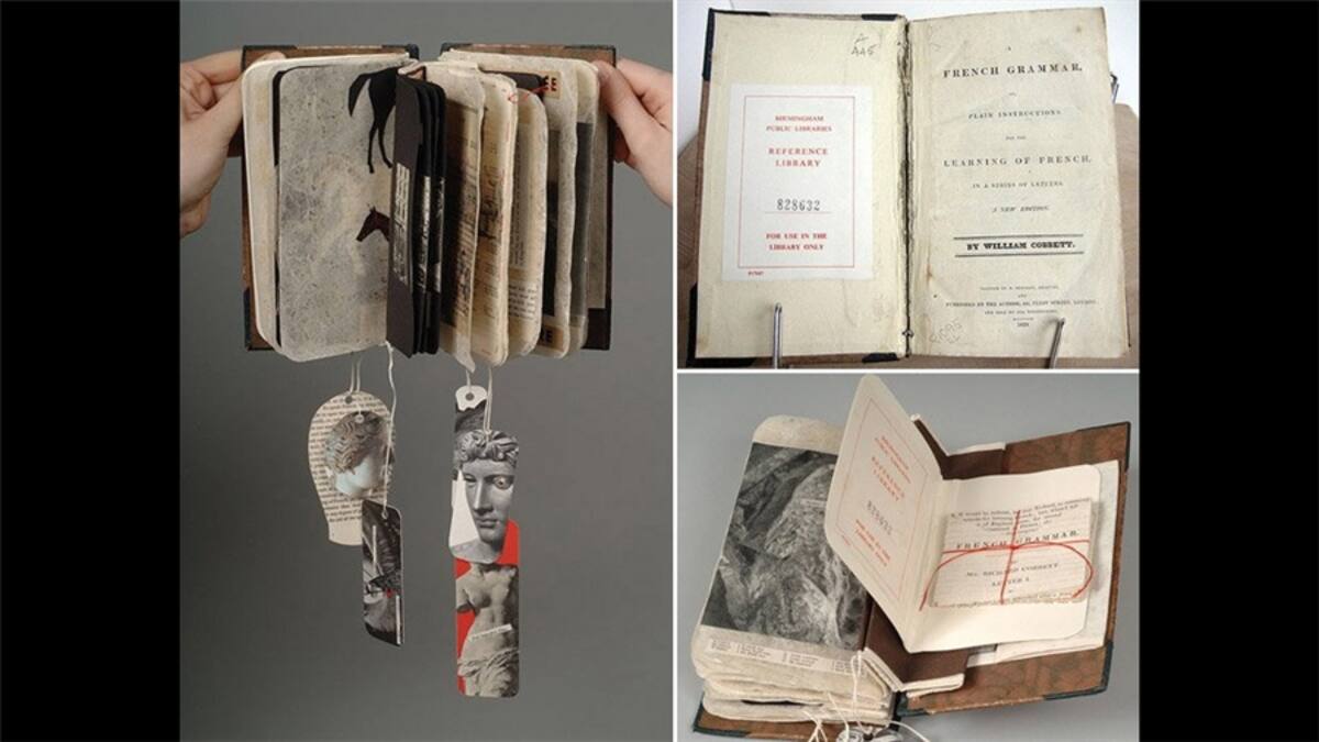 Libros desechados de la antigua Biblioteca Central de Birmingham han sido transformados en obras de arte y exhibidos en la nueva Biblioteca de Birmingham. La artista Clare Whistler recibió "La flor de la mente", del poeta Alice Meynell, y representó sus 29 flores en hilo de oro. Artista: Clare Whistler. Foto: David Knight.