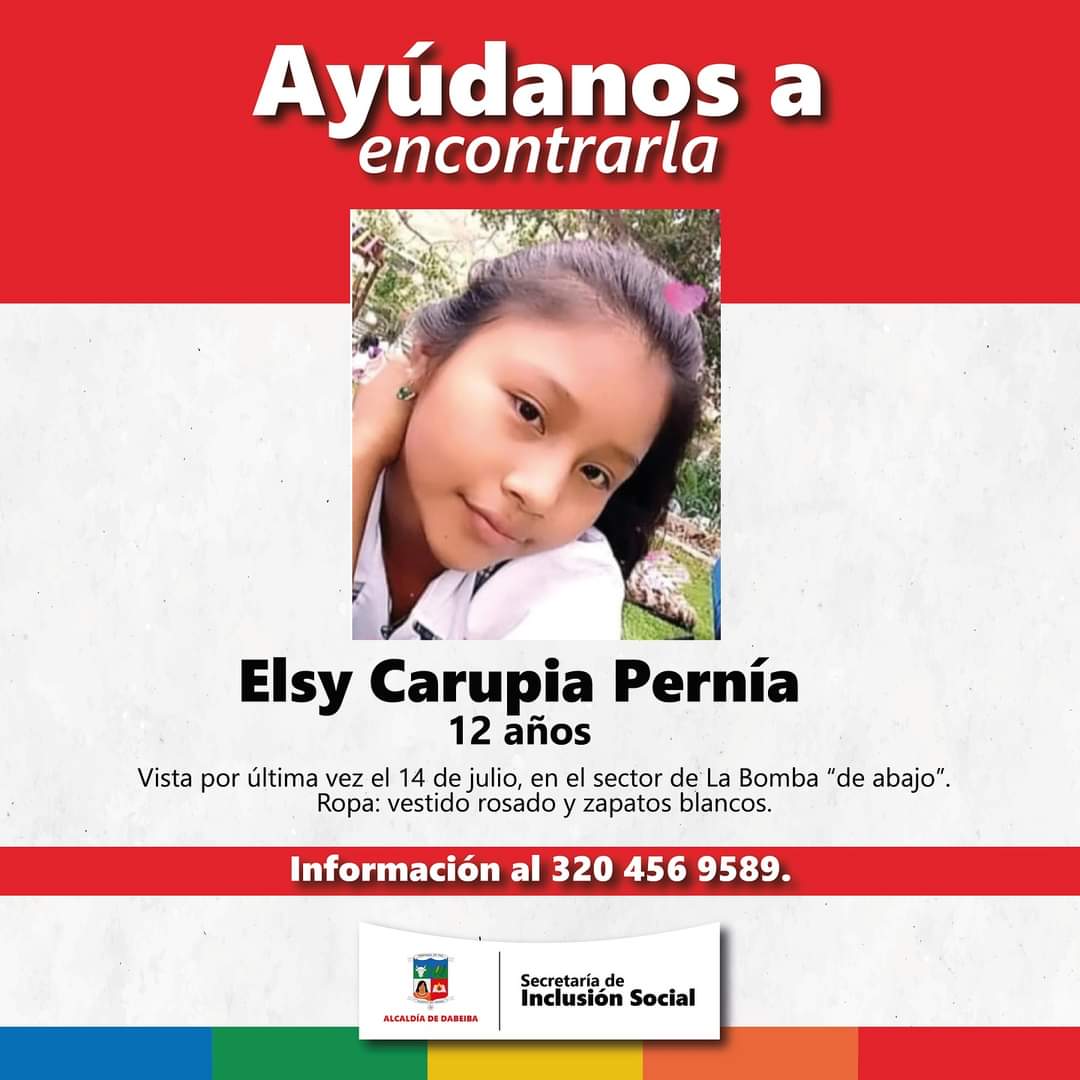 Elsy Carupia Pernía menor desaparecida en Dabeiba, Antioquia
