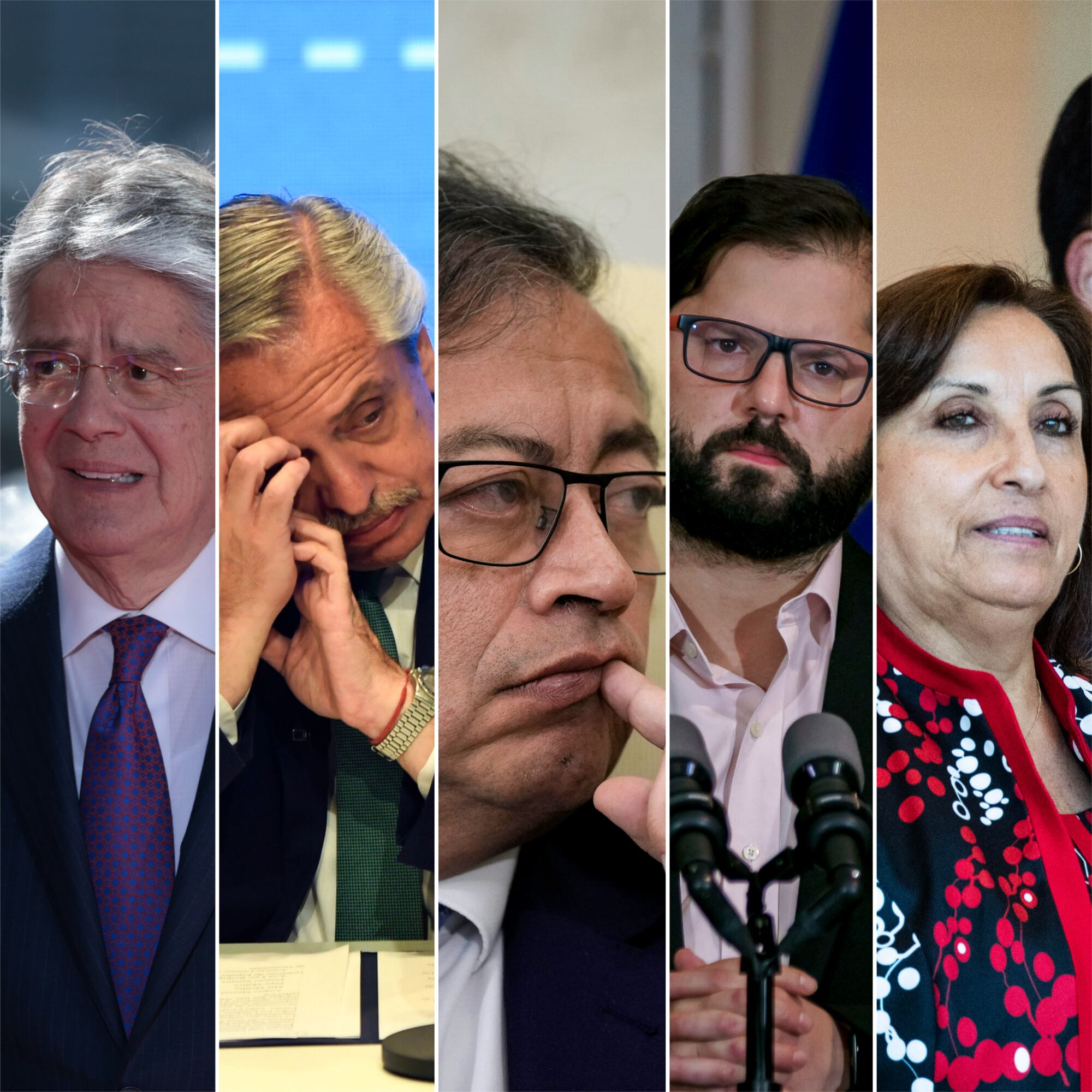 Los presidentes Guillermo Lasso (Ecuador), Alberto Fernández (Argentina), Gustavo Petro (Colombia), Gabriel Boric (Chile) y Dina Boluarte (Perú). 
(Fotos: Getty Images)