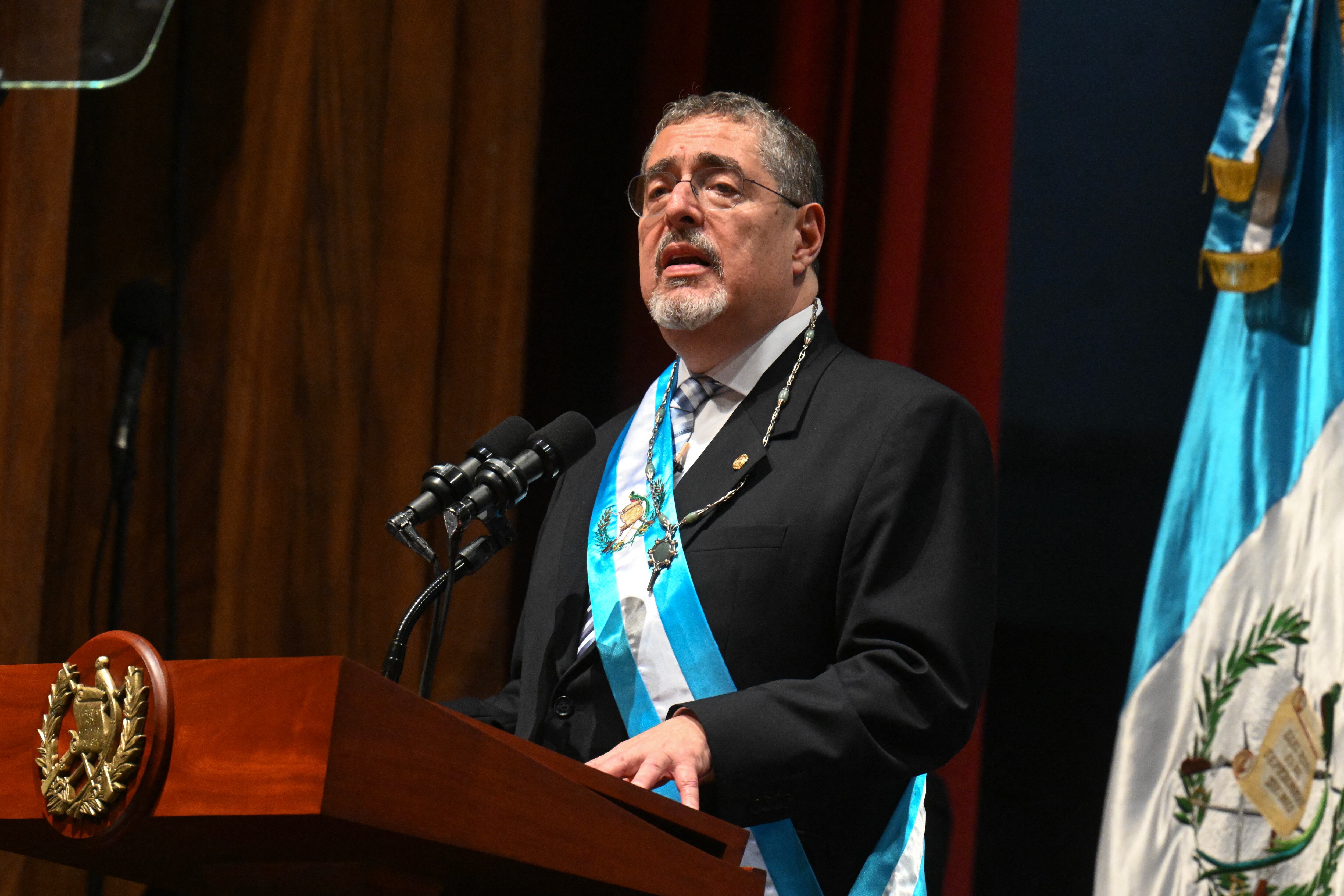 Guatemala's new President Bernardo Arevalo delivers a speech after swearing-in during his inauguration ceremony at the Miguel Angel Asturias Cultural Centre in Guatemala City, early on January 15, 2024. Bernardo Arevalo was finally sworn in as Guatemala's president on early Monday after the ceremony was delayed for more than nine hours, capping months of judicial machinations to block the anti-corruption crusader from taking office. (Photo by JOHAN ORDONEZ / AFP) (Photo by JOHAN ORDONEZ/AFP via Getty Images)