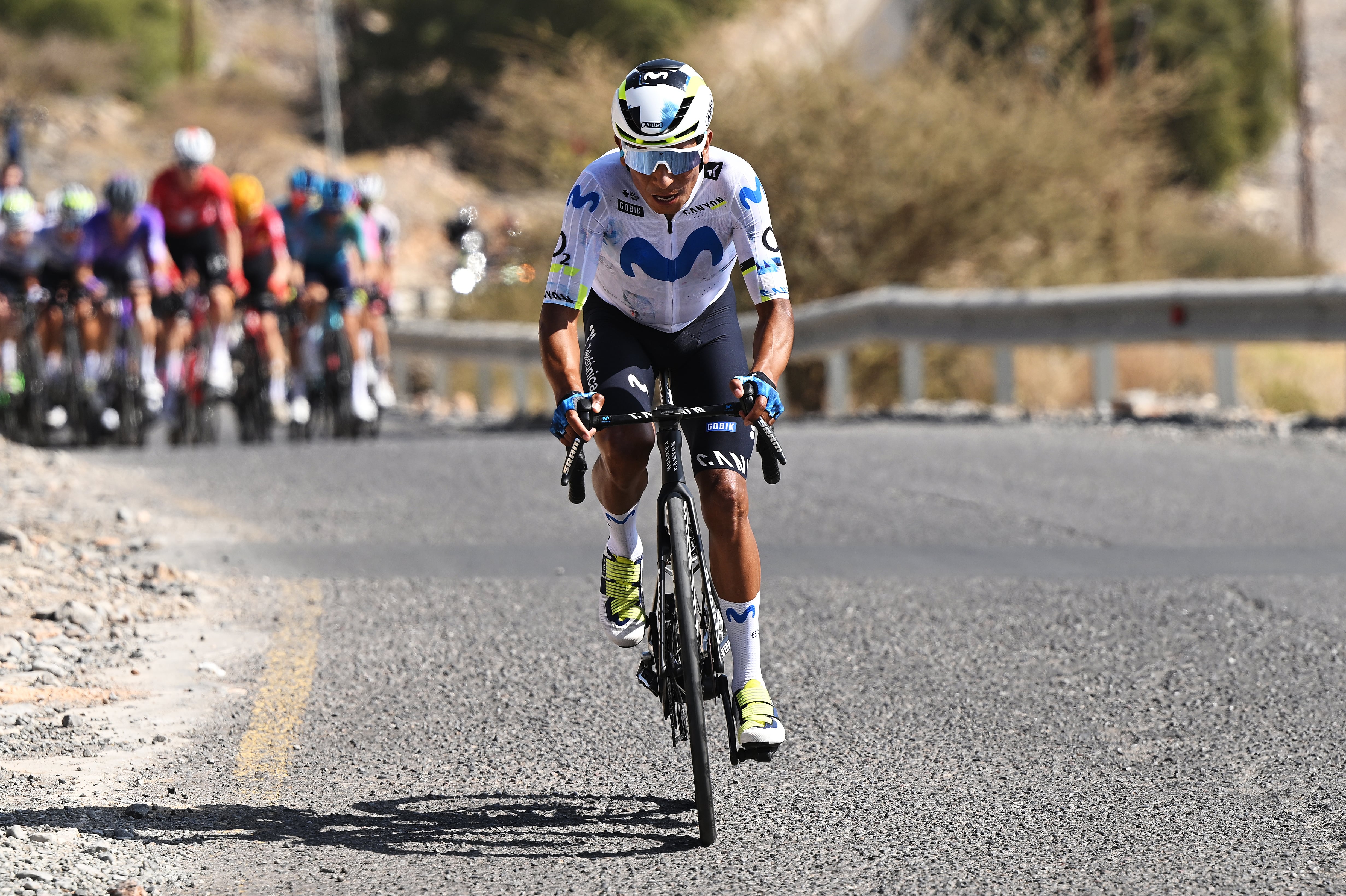 MISFAT AL ABRIYEEN, OMAN - FEBRUARY 09: Nairo Quintana of Colombia and Movistar Team attacks in the breakaway during the 15th Tour of Oman 2026, Stage 3 a 191.3km stage from Samail - Al Fayhaa Rest house to Misfat Al Abriyeen - Eastern Mountain 921m on February 09, 2026 in Misfat Al Abriyeen, Oman. (Photo by Dario Belingheri/Getty Images)