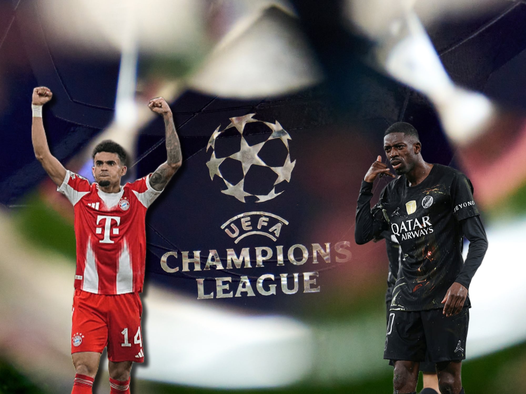 Luis Díaz y Ousmane Dembélé. De fondo, el logo de la UEFA Champions League. Fotos: Getty Images.