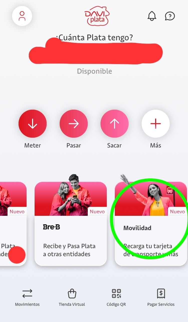 Vista general para encontrar el apartado 'Movilidad' en Daviplata para recargar la Tarjeta TuLlave.