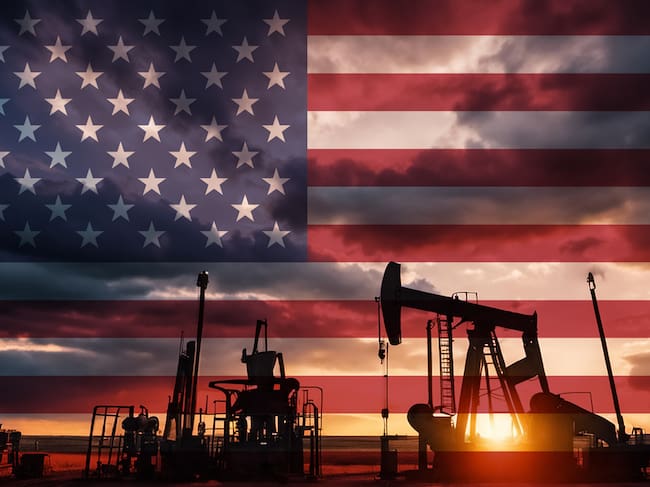 Drilling for oil in the countryside at sunset with American national flag overlay