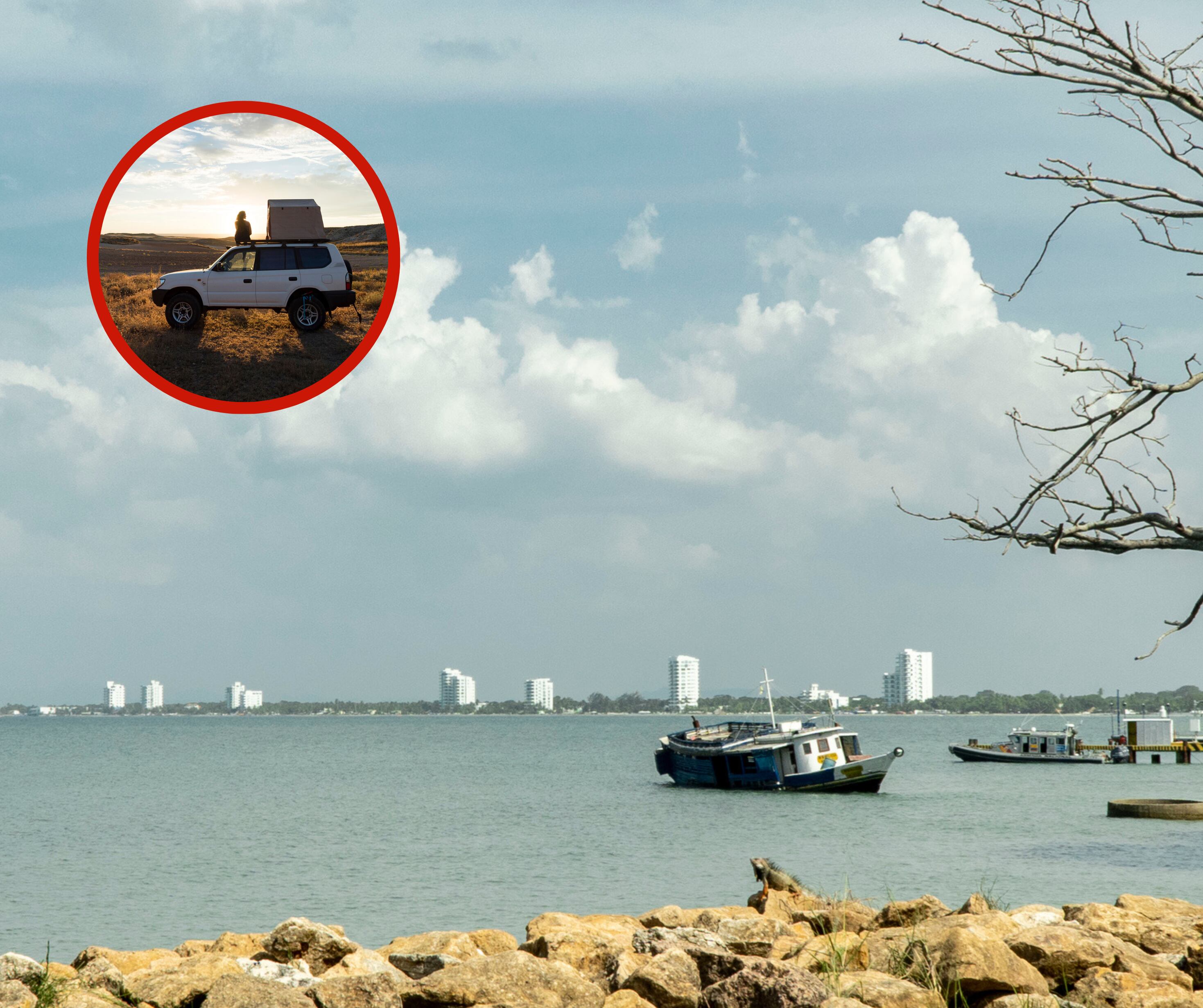 Vista al mar con barcos desde Coveñas junto a un carro (Getty Images)