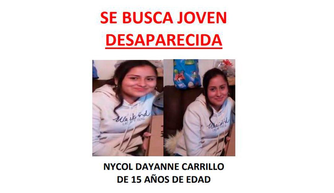 Nycol Dayanne Carrillo Tunjano está desaparecida en Bogotá. Teléfono de contacto 3057403530